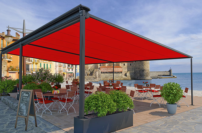 Awnings in Red for An Outdoor Dining Area